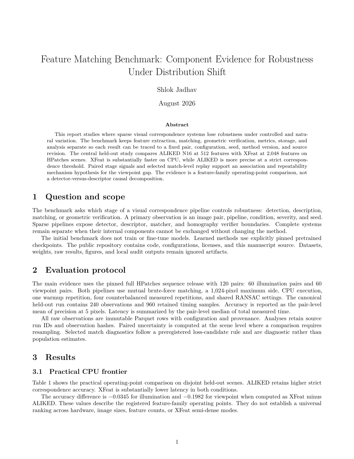 Feature Matching Benchmark report, page 1 of 3